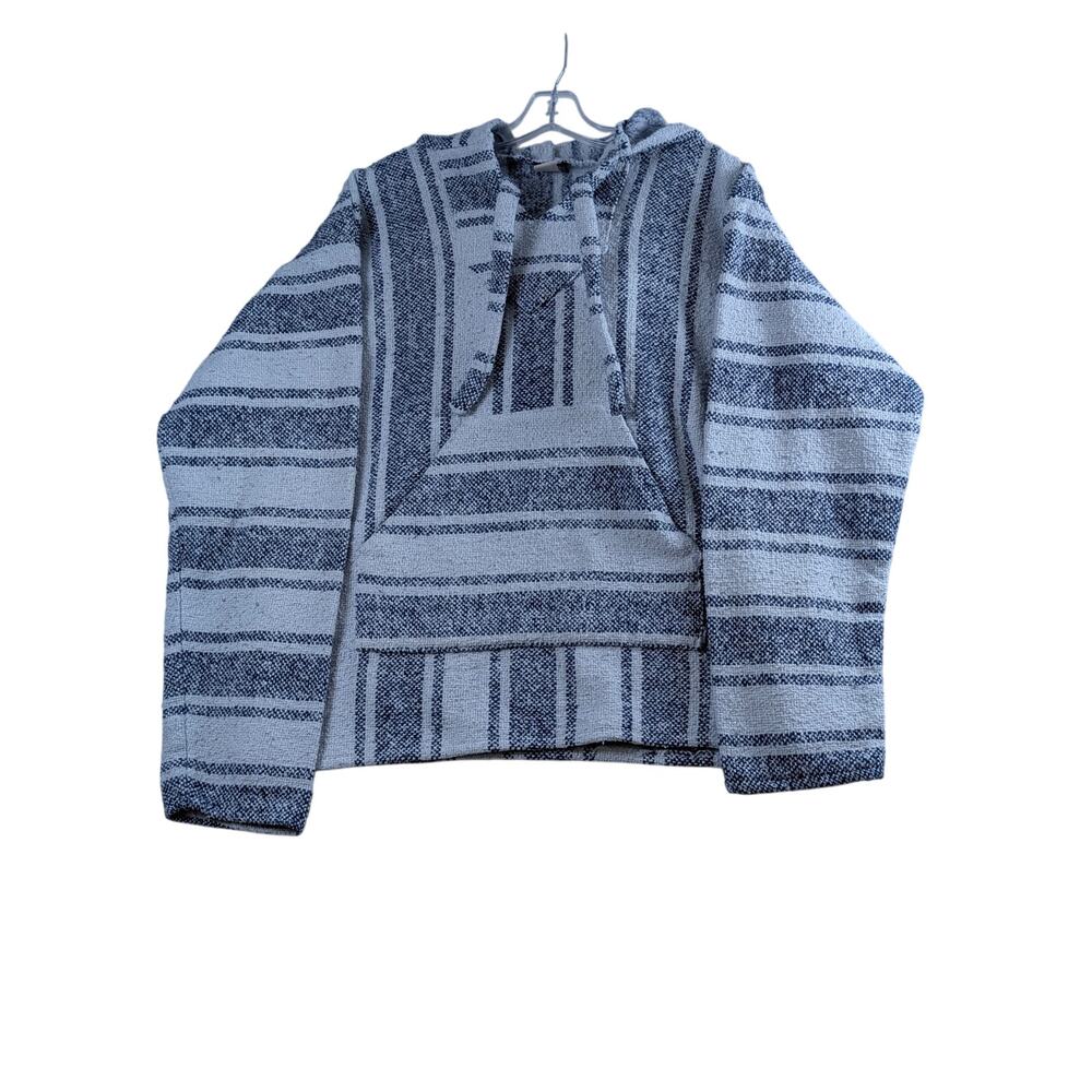 Earthbound Trading Co Striped Heavy Hooded Sweatshirt Unisex Large White Blue‎
